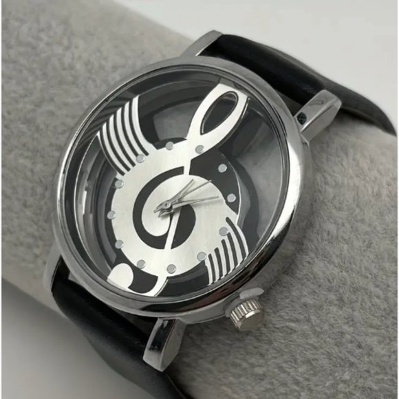 New Music Symbol Quartz Watch Transparent Hollow Design Black Leather - Picture 2 of 3